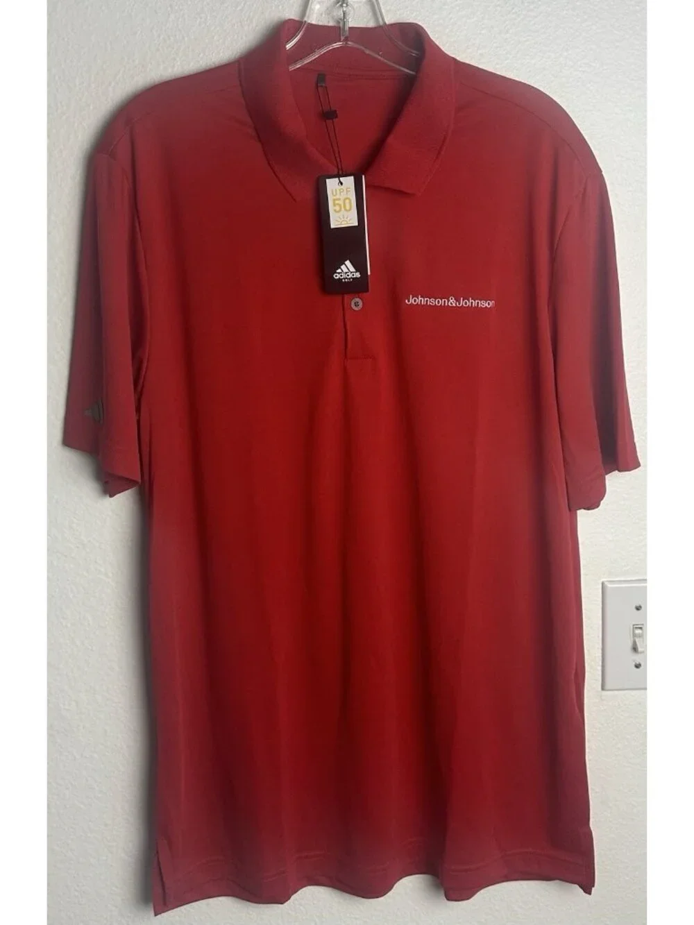 NWT Adidas Golf Polo Shirt Mens Large Red Johnson & Johnson Performance UPF 50+